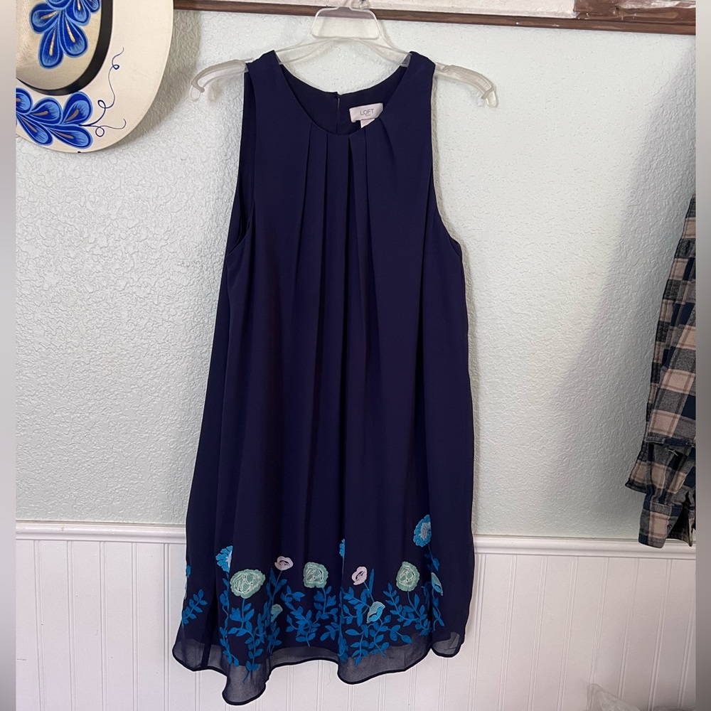 COPY - Loft Sleeveless Embroidered Floral Dress in Navy Blue